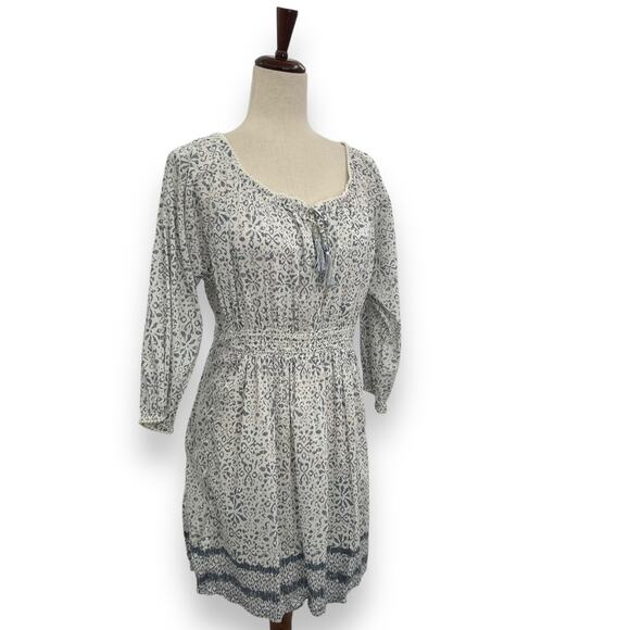 Athleta Dresses & Skirts - Athleta Honey Dress Size Medium White Blue Spotted Print Fit & Flare Smocked EUC